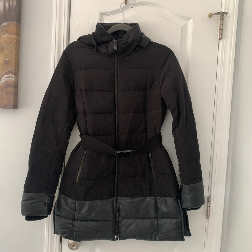 Danier Black Down‎ Puffer Parka Jacket Leather Trim Belted Hooded Womens 2XS